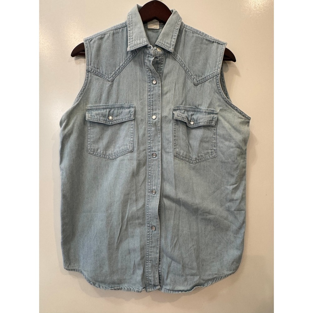 Absolutely No! Jeans Women Large Denim Sleeveless Pearl Snap Vintage Shirt Blue
